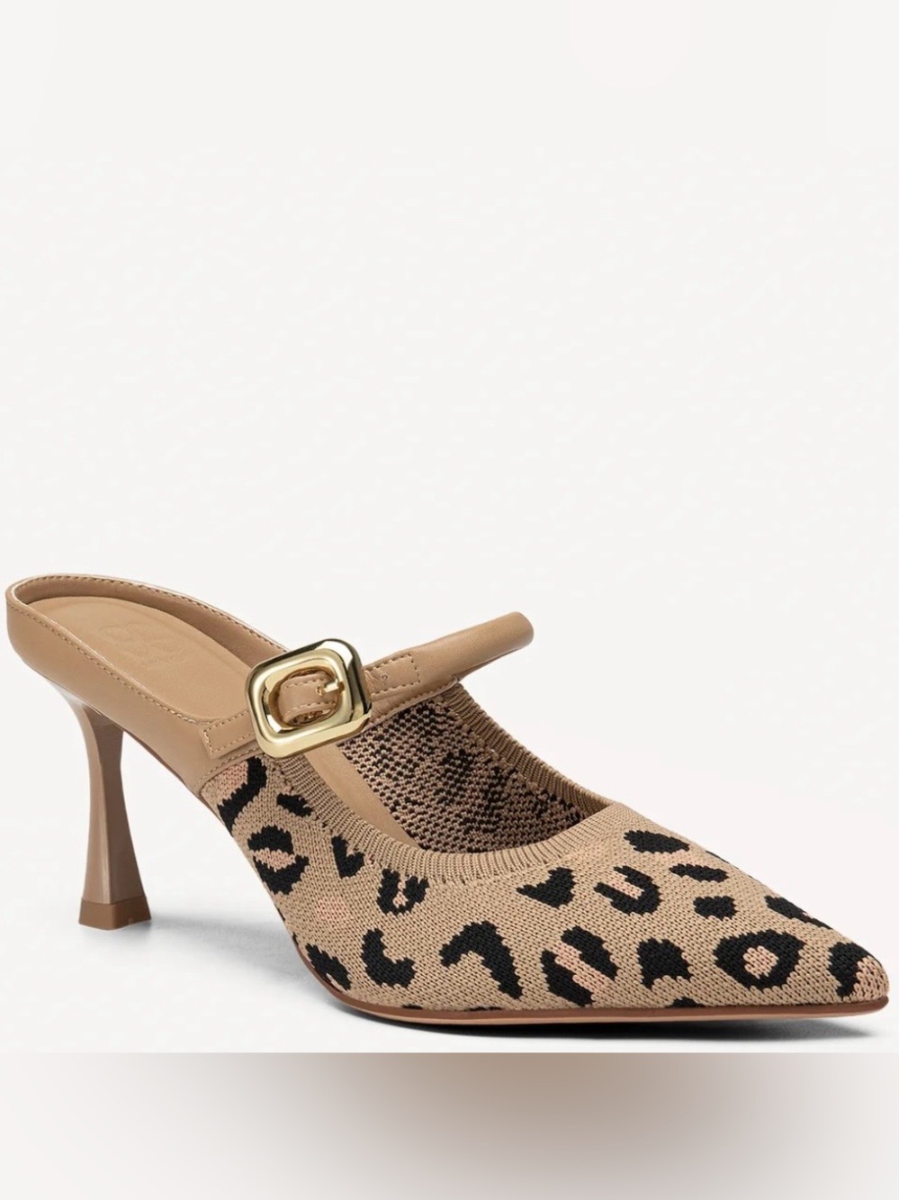 Leopard-Knit Mary Jane Mules in Beige with Gold Buckle